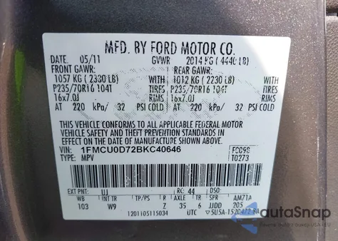 2011 Ford Escape Xlt z USA, uszkodzony, nr VIN 1FMCU0D72BKC40646
